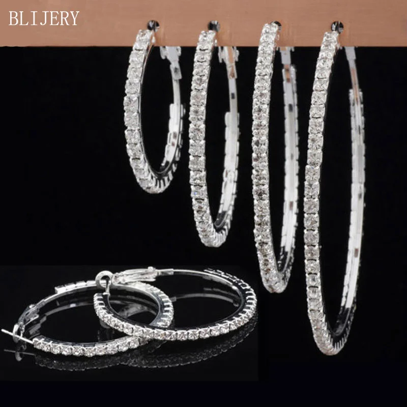 BLIJERY Fashion Full Rhinestone Circle Earrings Classic Big Circle Earrings Silver/Gold Color Crystal Hoop Earrings For Women