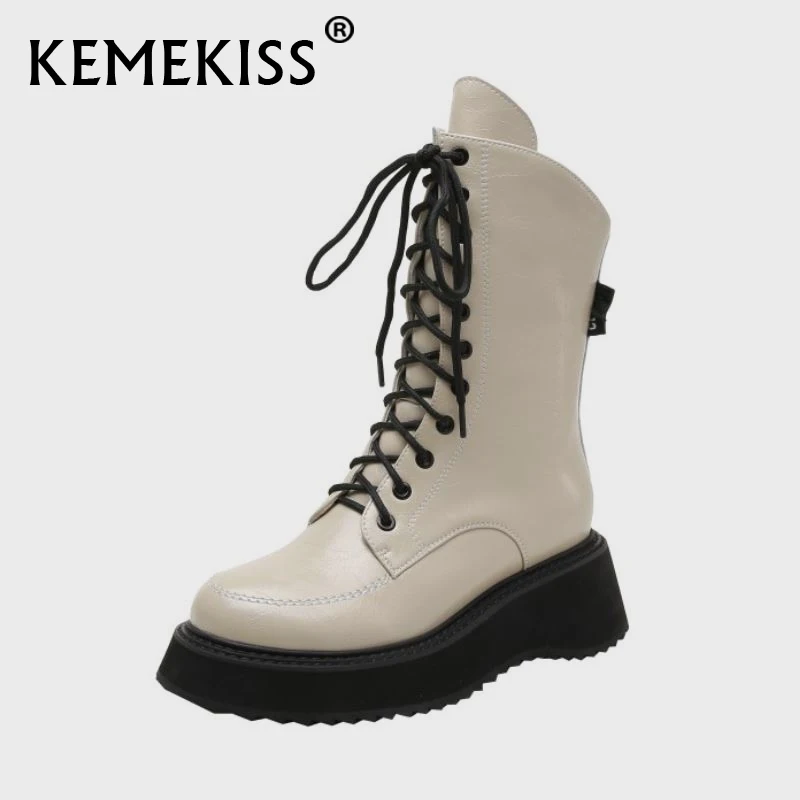 

KemeKiss Real Leather Mid Calf Boots Shoes Round Toe Mid Heel Cross Strap Zipper Cool Fashion Winter Ladies Footwear Size 34-40