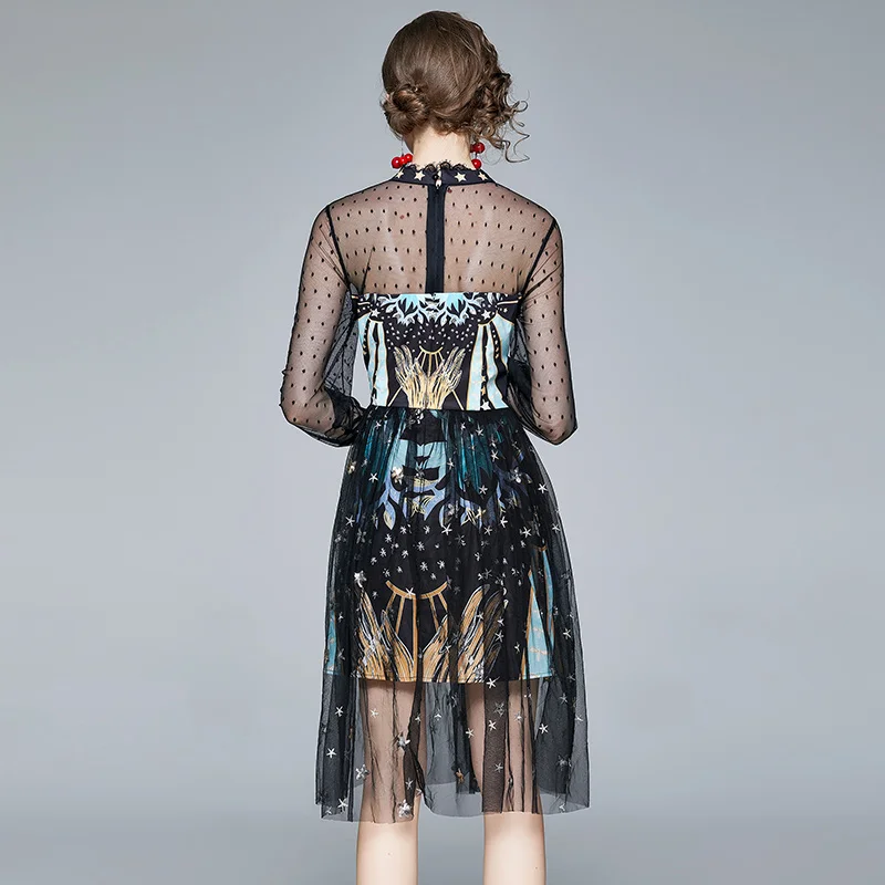 

Lace embroidery small dress women's autumn d new retro long-sleeved polka dot mesh dress