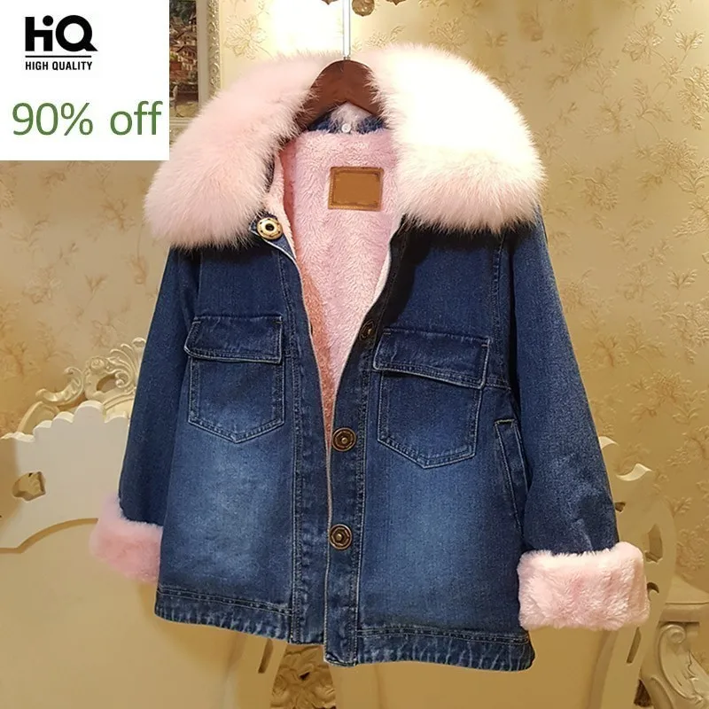 Осенне зимнее плотное джинсовое пальто с воротником из лисьего меха женская