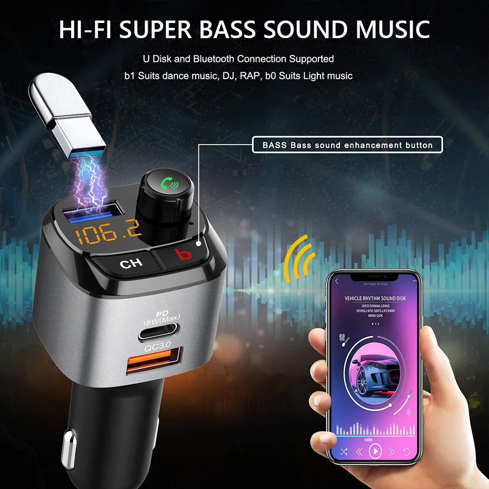 Автомобильное зарядное устройство Type C PD 18 Вт Quick charge 3 0 Для xiaomi Bluetooth FM передатчик
