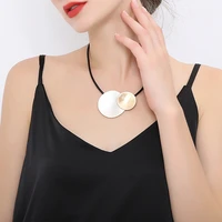 amorcome new mixed color round disc pendant leather choker black rope cord necklace for women short collar adjustable gift