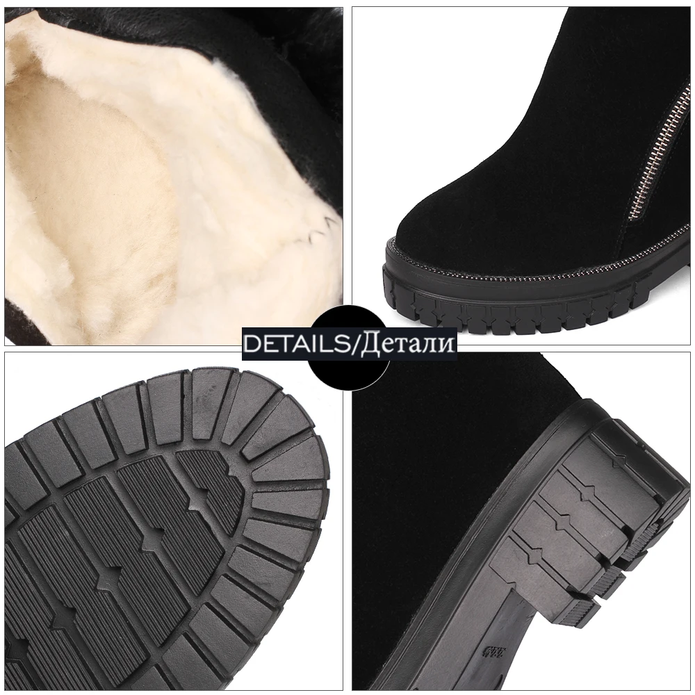 

ISNOM Women Cow Suede Snow Boots Round Toe Zip Warm Fur Ankle Boots Fashion Outdoor Platform Wedges Heel Winter Boots 2020