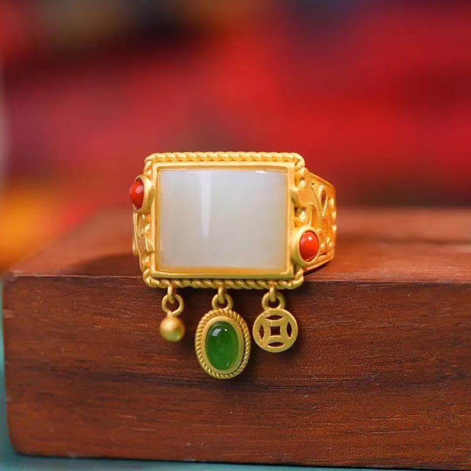

Mushan Natural Hetian Jade Ring Ancient S925 Sterling Silver Square Ring Elegant Retro Palace Style Open Ring Women