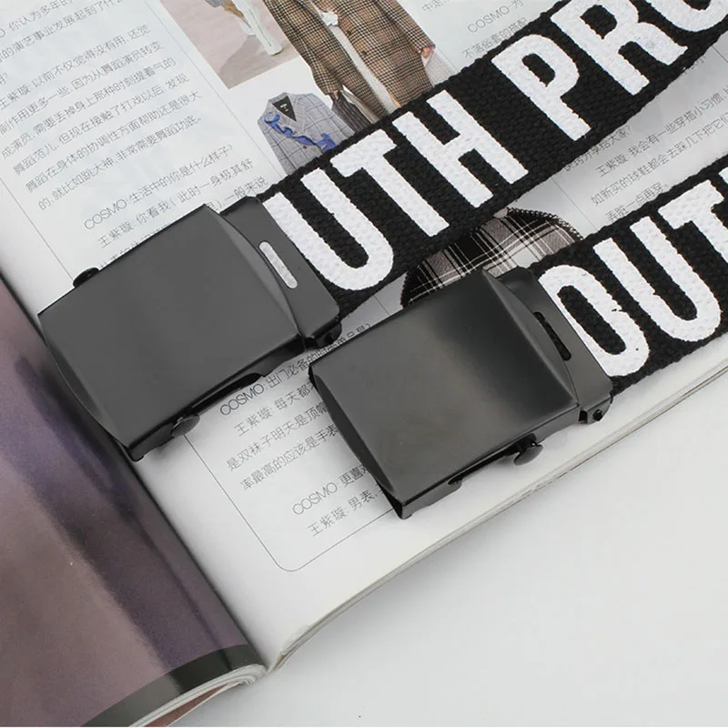 

Canvas Casual Belts For Women Men Letters Printing Automatic Sliding Buckle Strap Jeans Trouser Black Female Harajuku Waistband