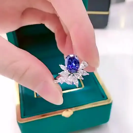 

New 925 sterling silver synthetic sapphire ring oval 7*9 ice flower design eternal band high sense female ring