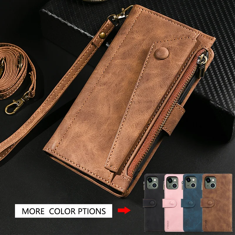 

Leather Flip For iPhone 13 12 11 Pro Max Phone Case Zipper Wallet Card Slot Stand Cover For iPhone XR X XS Max 7 8 Plus SE 2020