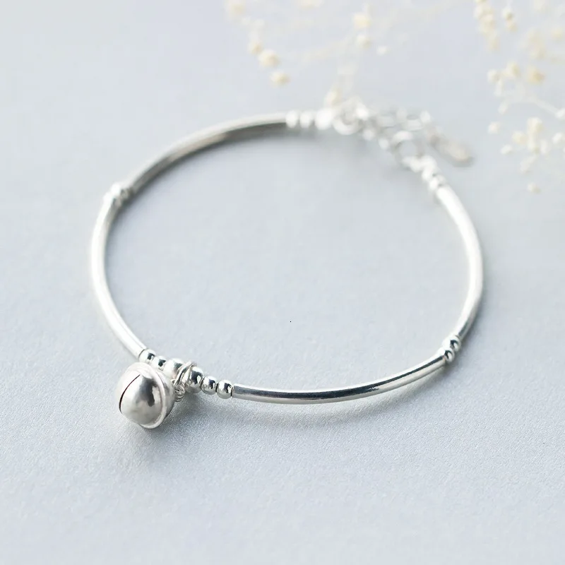 

925 Real. Sterling Silver Jewelry Jingle Bell Thin Bangle Bracelet charms with lucky beads design GTLS348