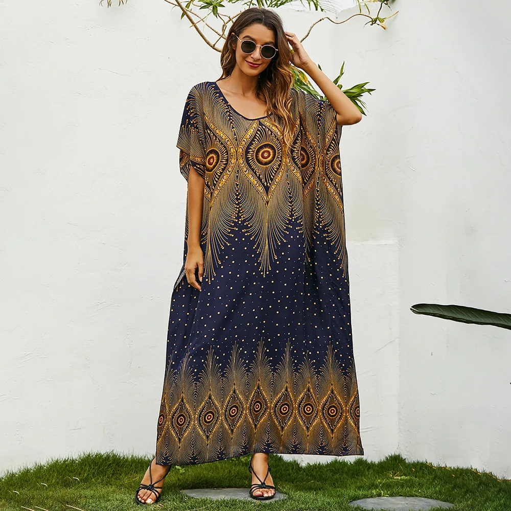 

Loose robe dress holiday print long dress plus size ladies loose dress