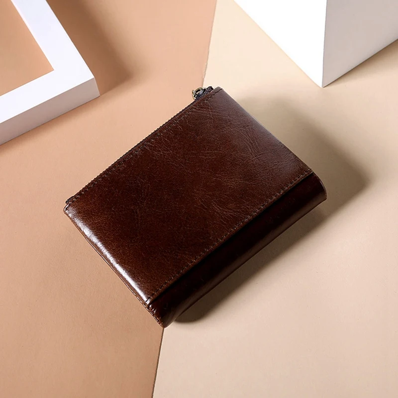 

Men's Wallet Oil Wax Genuine Cowhide Double Zipper RFID Multifunctional Japanese Retro Wallet