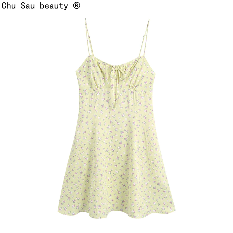 

Женское платье с цветочным принтом, шелковое ТРАПЕЦИЕВИДНОЕ ПЛАТЬЕ на бретелях-спагетти со складками и шнуровкой, Новинка лета 2021