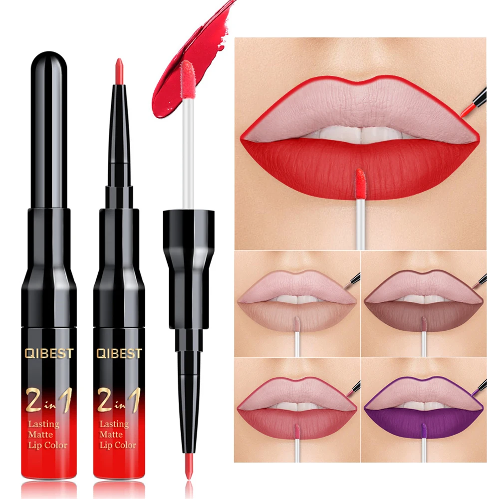 Макияж qibest с двойной головкой жидкая матовая губная помада водостойкая телесный