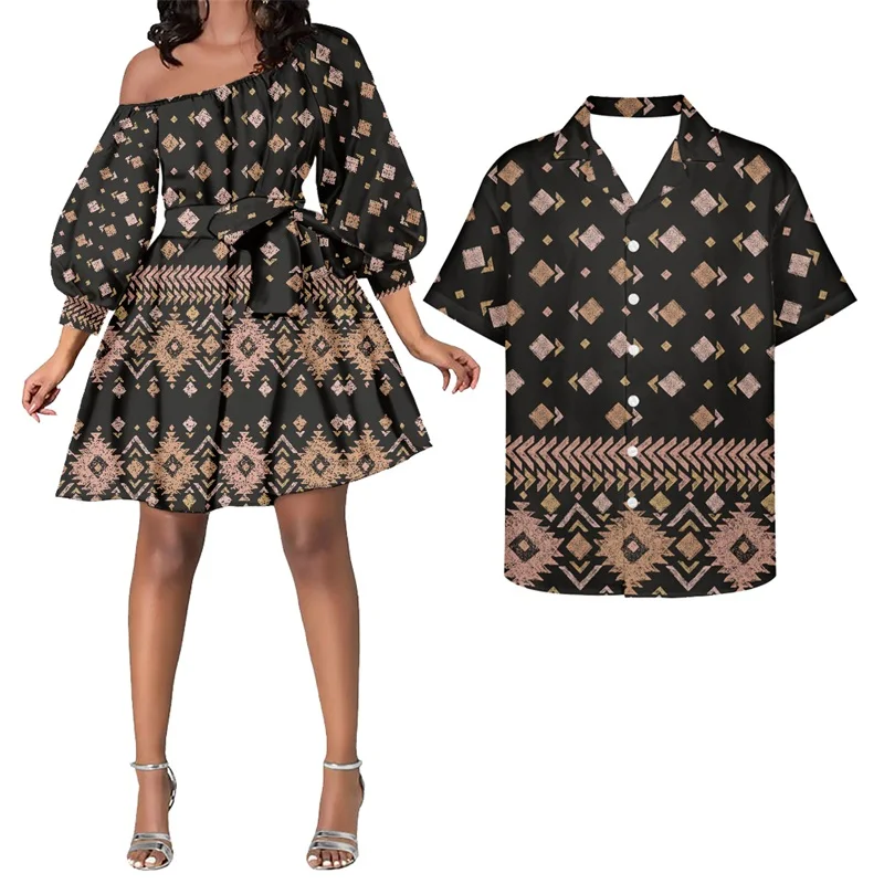 

HYCOOL New Polynesian Tribal Hawaii Floral Print Dress One Shoulder Long Sleeve Party Dresses Ladies Samoan Mini Club Dress