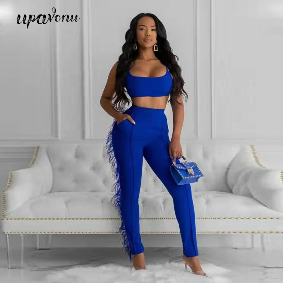 

2020 New High Street Feather Bandage Suit Trousers 2 Two-Piece Sexy Sleeveless Vest High Waist Bodycon Trousers Suit Club Party