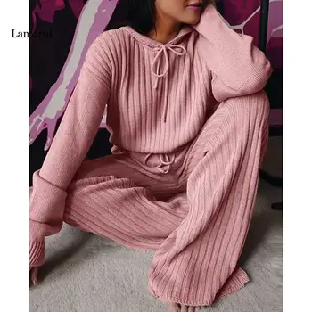 Casual Solid Color Knit Rib Two-pieces Pants Sets Autumn Spring Women Outfits Long Sleeve Hoodies+Lace-up Loose Trousers 1