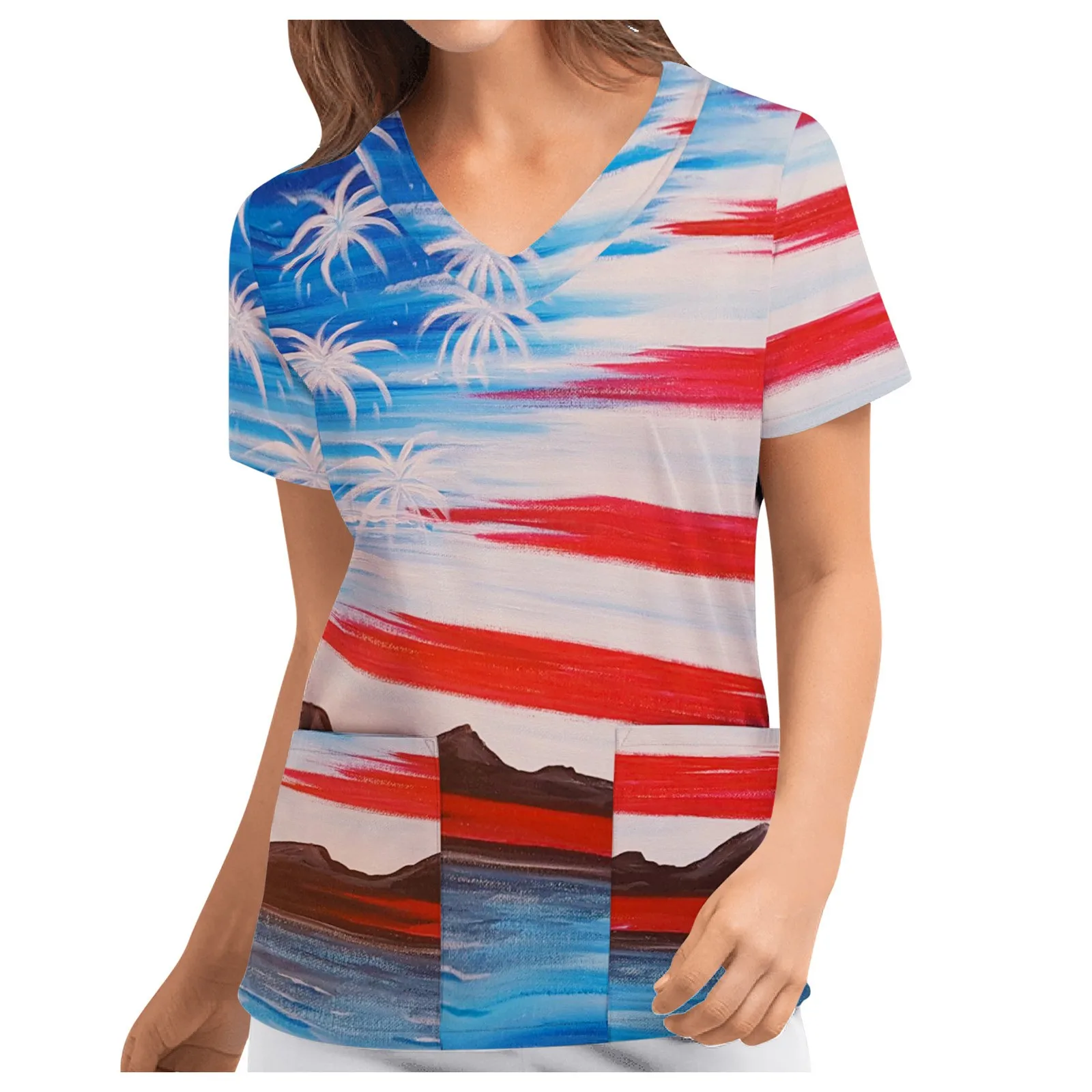 

Women Positioning Independence Day Flag Print Short Sleeve Workwear Top