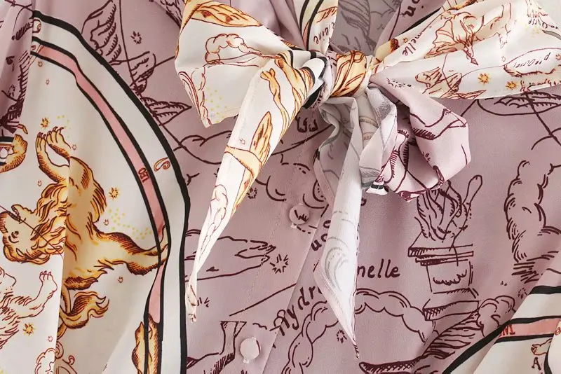 women mididress autumn casual long sleeve shirtdress 2019 new bow collar chain floral printed elegant loose chiffon Женская одежда