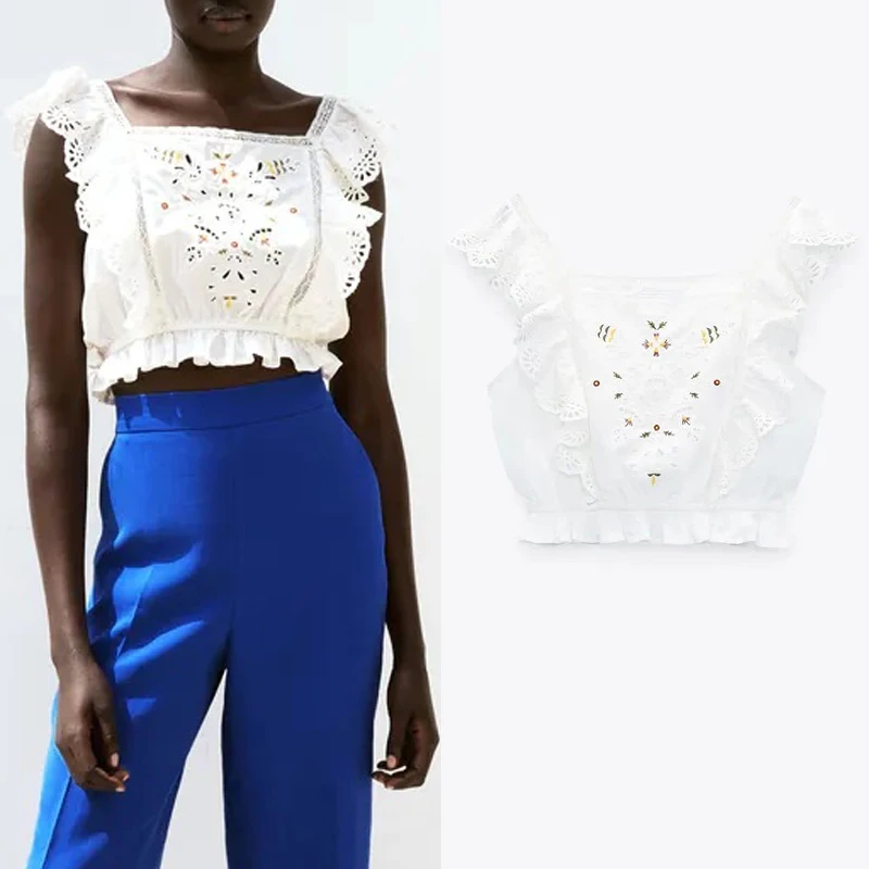 

Blouses Women Za 2021 White Top Female Embroidered Cut Out Crop Summer Woman Top Ruffle Sleeveless Vintage Boho Blouse
