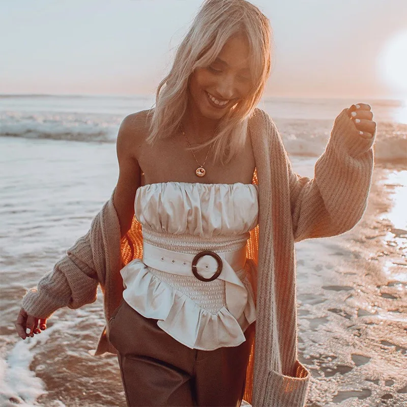 Весна лето 2020 женские шелковые блузки без рукавов с открытыми плечами OL белые