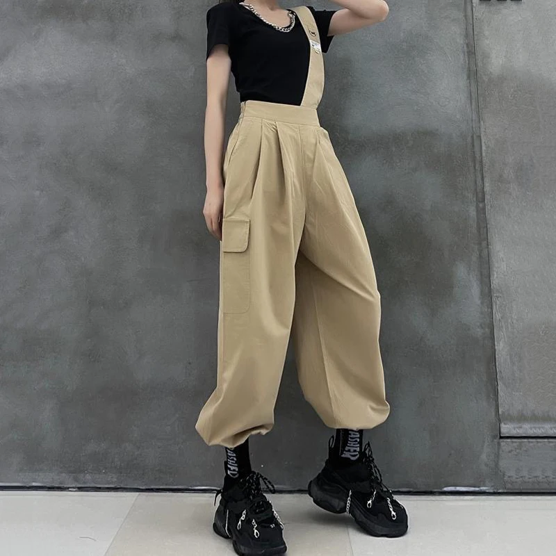 

Women High Waist Cargo Pants Fashion Hip Hop Trousers Hansome One Shoulder Strap Loose Pant Female Sweatpants Casual Streetwear