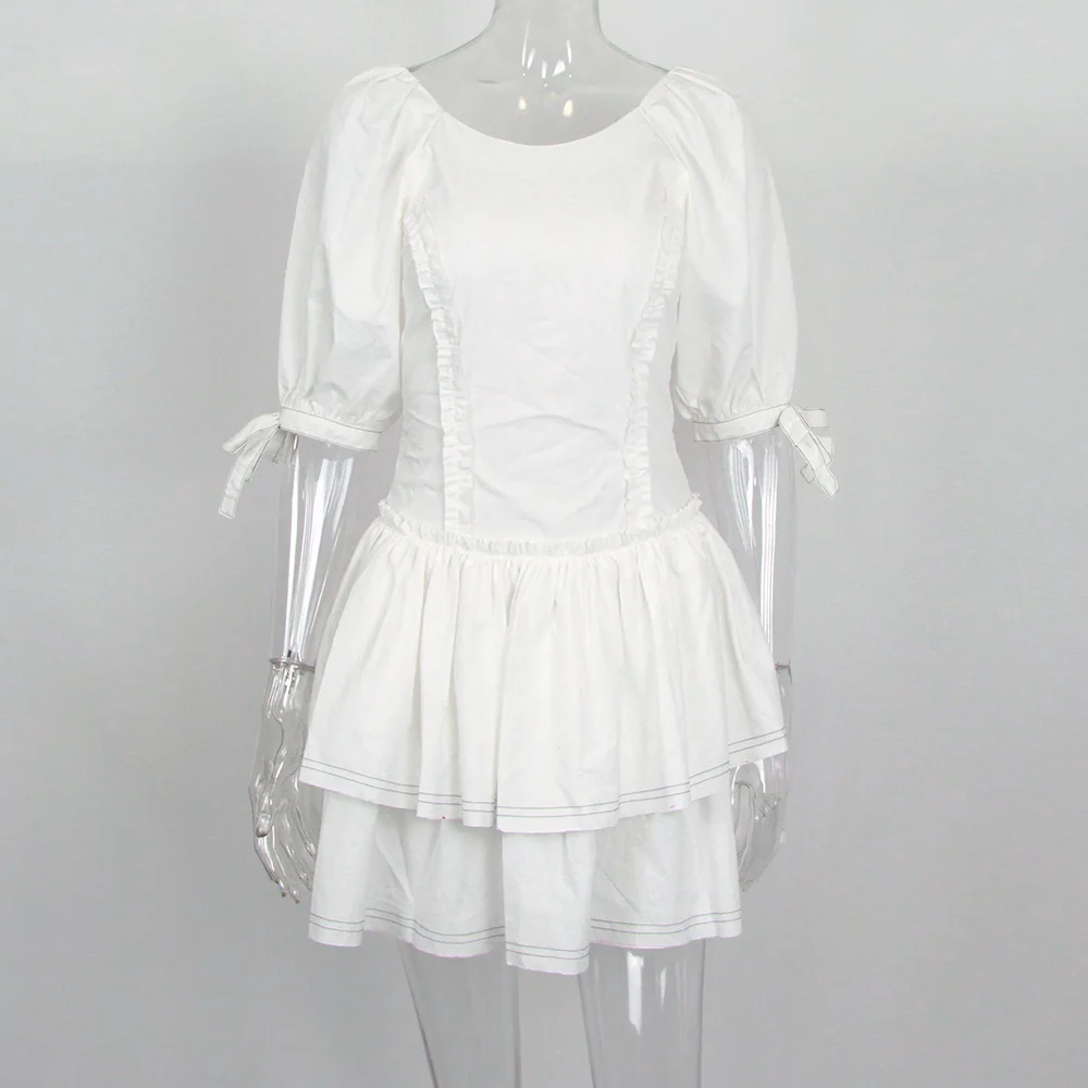 

Women Puff Sleeve Sweet Party Dress Fashion Chic Back Cross Lace Up Hollow Out Celebrity Outfit Puff Layered Dress