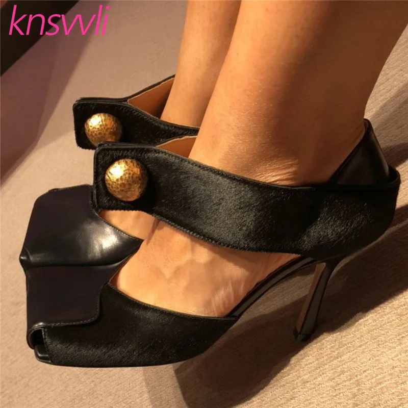 New Leather Patchwork Horsehair Runway Shoes Woman Square Toe Hollow Outs Metal Buckle Women Pumps High Heel Zapatos De Mujer | Обувь