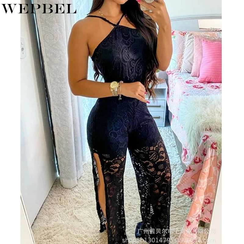 

WEPBEL Slim Fit Lace Jumpsuits Women's See-through Jumpsuits Summer Halter Spaghetti Strap High Waist Split Wide Leg Jumpsuits