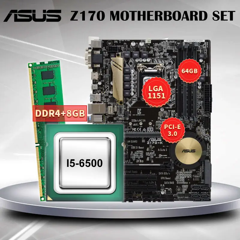

Материнская плата ASUS Z170-K с процессором Intel i5-6500 + DDR4 8 Гб LGA 1151 Intel Z170, материнская плата Combo SATA3 PCI-E 3,0 USB3.1