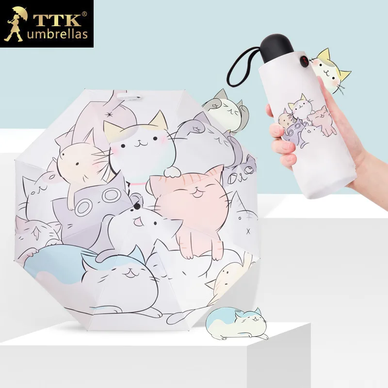 Мини зонт от солнца TTK с кошками для женщин брендовые Складные карманные 5 зонтики