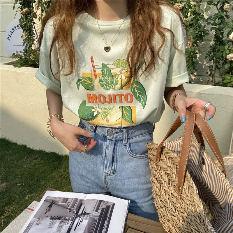 

Cotton Causal Korean Style Letters Printed All Match Loose Street Style College Wind Preppy Style Women 2021 New Top T-shirts