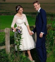 charming tea length short wedding dresses 2022 jewel 34 sleeve lace plus size garden country bridal gowns robe de mariee