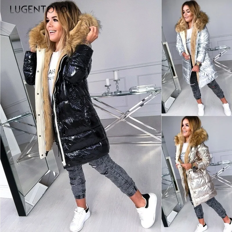 

Lugentolo Glossy Parkas Women Fashion Warm Winter Large Size Coat Hooded Female Asual Solid Zipper Pocket Parka