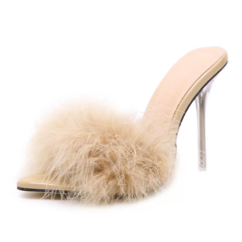 Summer Fashion Women Pumps Thin Heels Mules Shoes Faux Fur Pointed Toe Slippers For Black Pink White Size 41 | Обувь