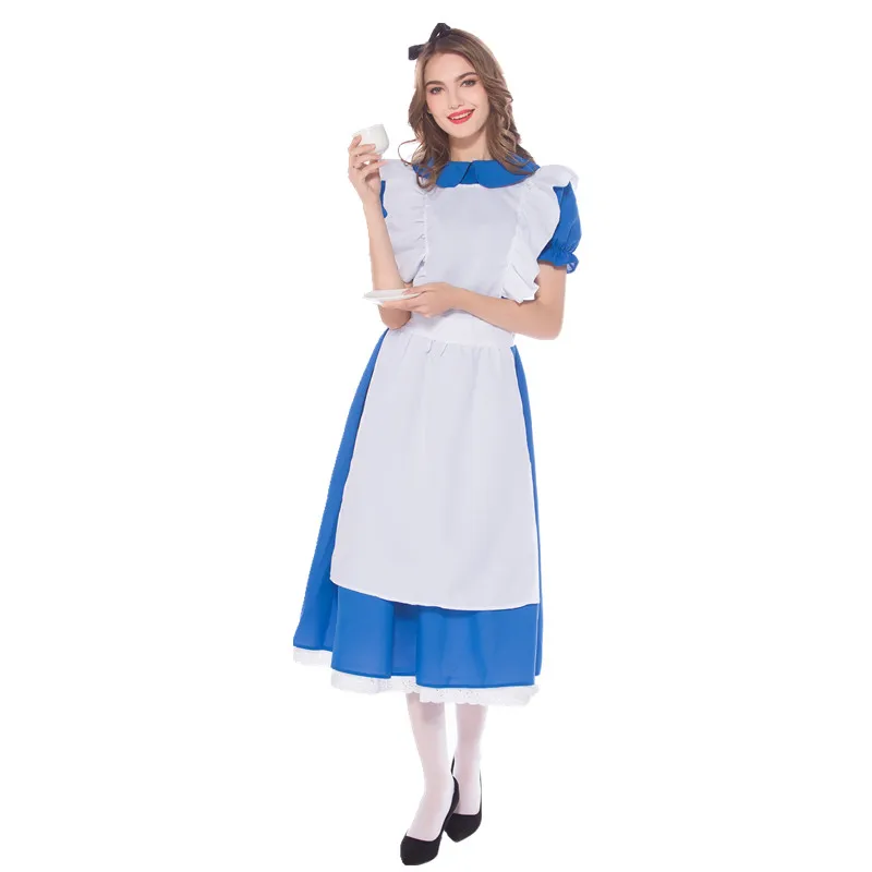 Хэллоуинский костюм служанки Алисы в Стране чудес для взрослых женщин в стиле благородного платья с голубым принтом для косплея.