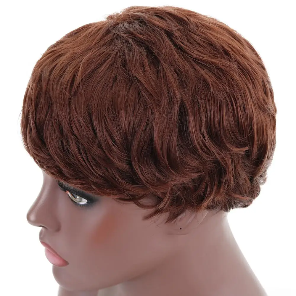 Free Beauty 11'' Short Body Wave Brown Auburn Chestnut Dark Roots Synthetic Wig with Bangs for Women Cosplay Party Daily Make Up |