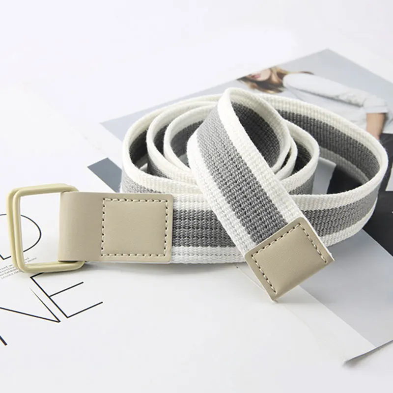 

Colorful Stitching Canvas Waist Belt Women Long Weaving Waist Strap Metal Double Ring Square Buckle Fashion Casual Waistbands