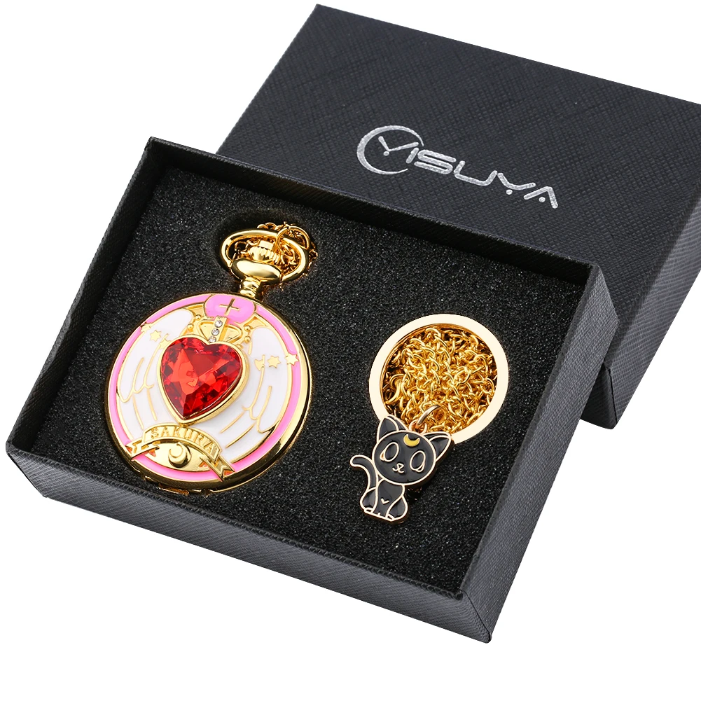 

Card-captor Sakura Pocket Watch Set Women Necklace Clock Christmas Gift Box Gold Key Ring relojes de bolsillo para hombre