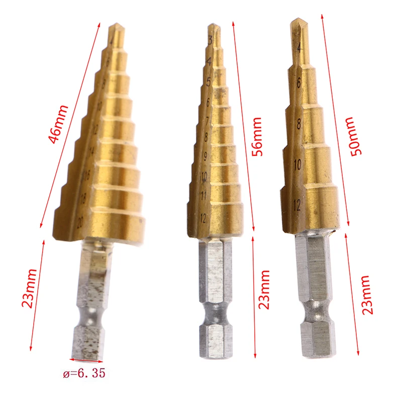 

3pcs Hss Steel Titanium Coated Step Drill Bits 3-12mm 4-12mm 4-20mm Step Cone Cutting Tools Steel Wood Metal Drilling Power Set
