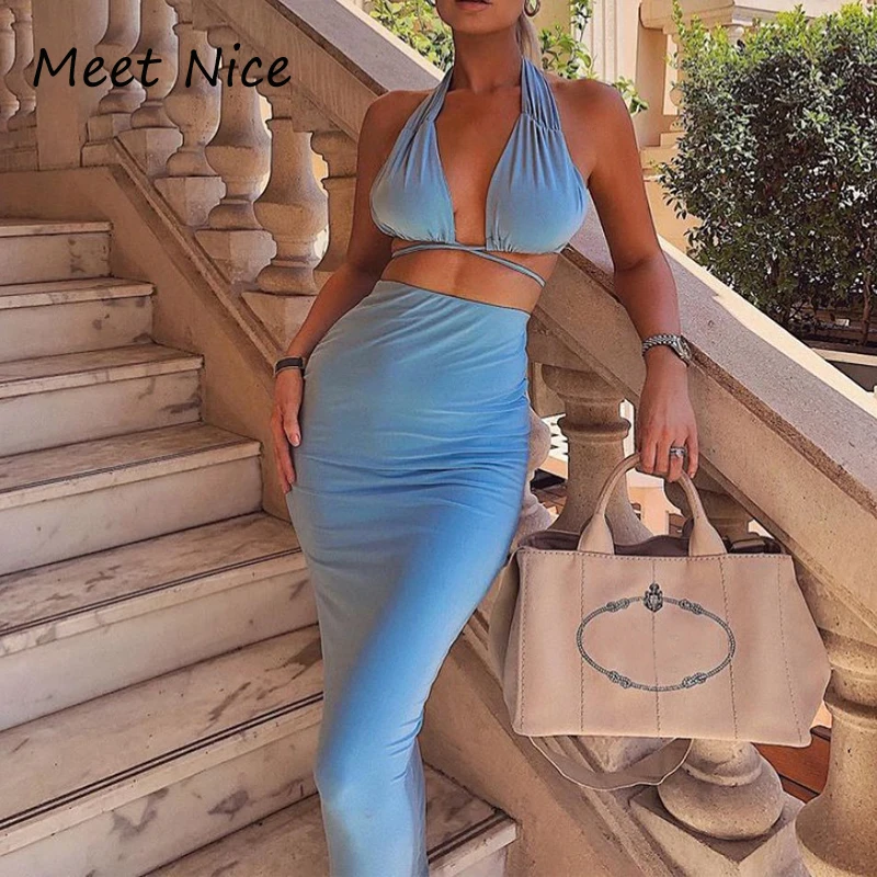 

Комплект из 2 предметов, женский сексуальный укороченный топ, длинные юбки, однотонные вечерние пляжные комплекты из 2 предметов, летняя оде...