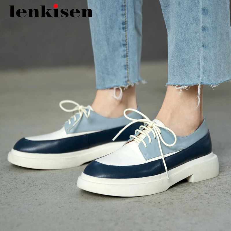 Lenkisen preppy style full grain leather mixed colors handmade round toe med heels lace up platform pretty girl women pumps L3f3