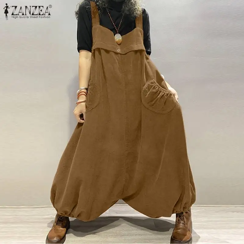 Vintage Corduroy Jumpsuits Women's Autumn Rompers 2021 ZANZEA Casual Solid Drop-Crotch Pants Plus Size Suspender Playsuits 5XL