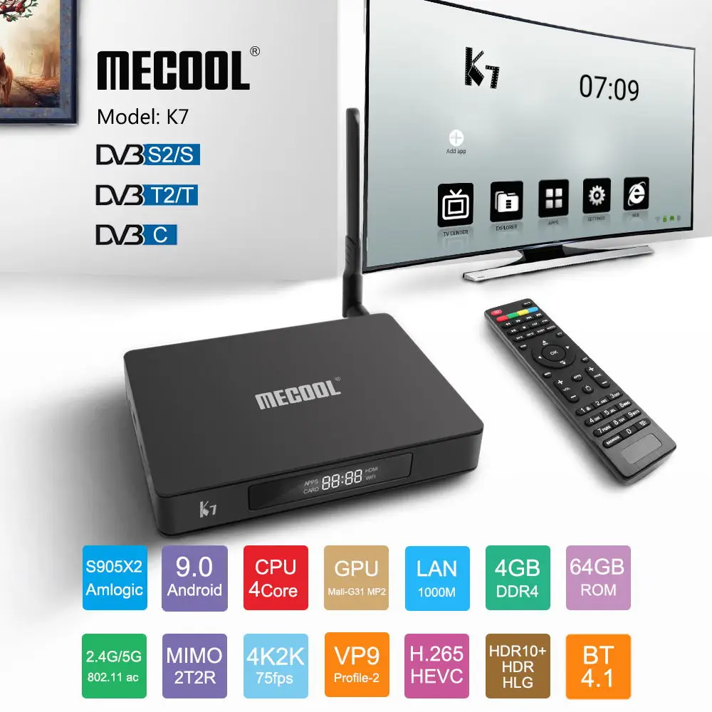 Приставка Смарт-ТВ MECOOL K7 Android 9 0 Amlogic S905x2 2 4 ГГц стандарт Wi-Fi LAN 10/100 Мбит Bluetooth 1 ГБ 64 DVB