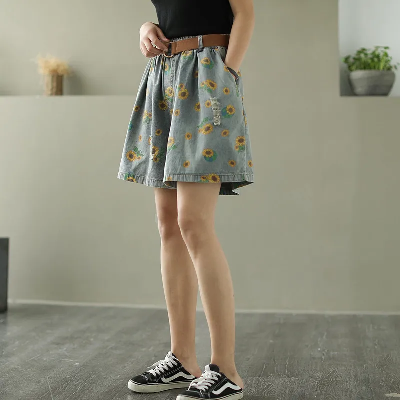 

Summer Loose Denim Shorts Women High Waist Baggy Wide Leg Jeans Short Vintage Floral Print Ripped Streetwear Denim Short Pants