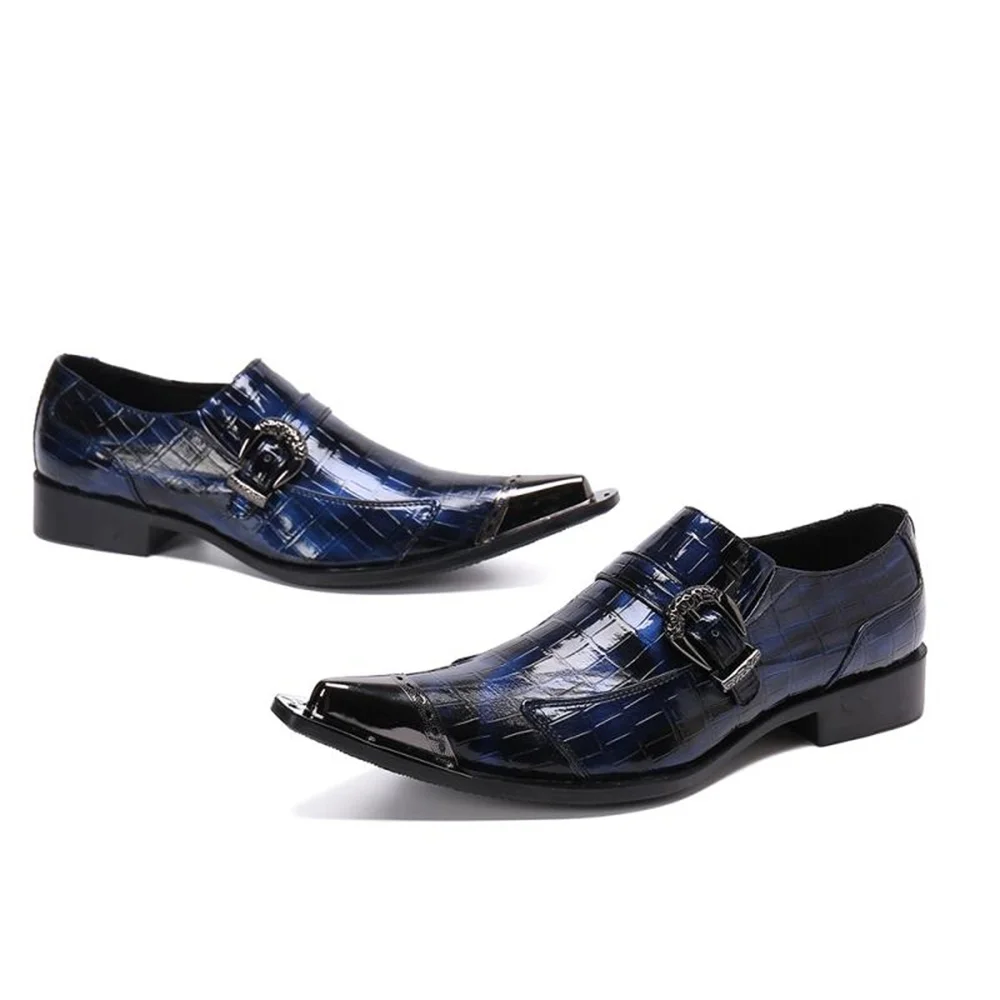 

Туфли-оксфорды мужские синие с острым носком, без застежки, пряжка, плоская подошва, деловые, классические, свадебные, кожаные