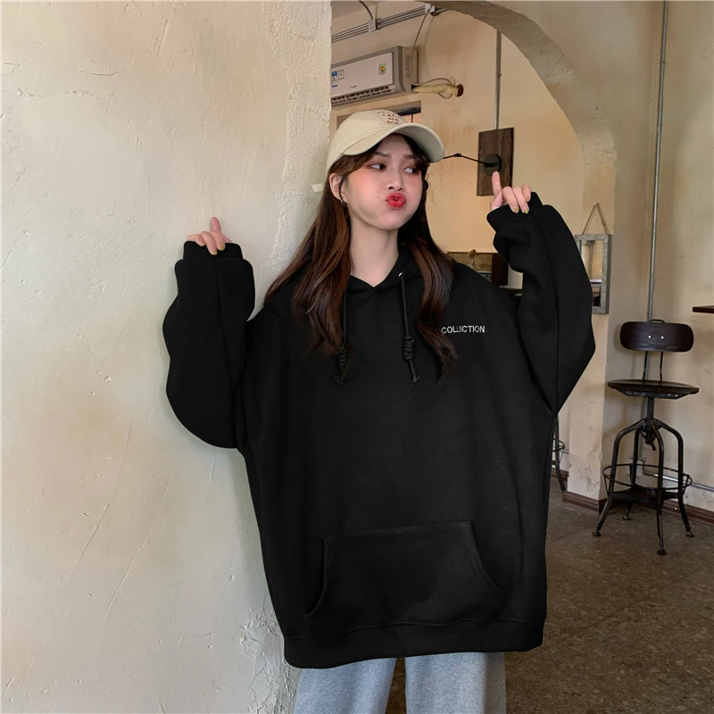 

XZ865 2021 Autumn and winter loose design sense niche plus velvet thick hooded Sweatshirts women