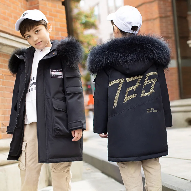 

Boys Winter Hooded Coat Thick Warm Long 80% Down Jacket for Boy Parka Kids Clothes Teen Clothing Outerwear Snowsuit 6-14 Years