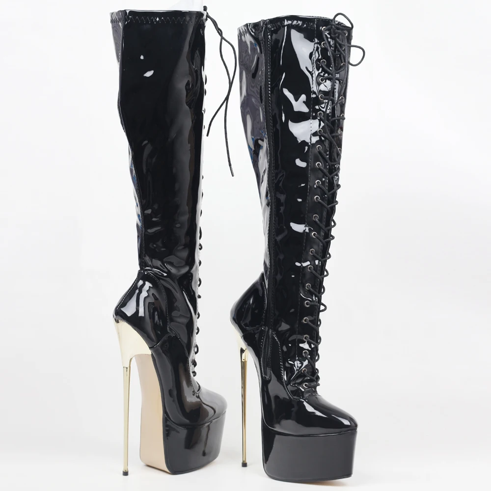 Knee-High Boots 22CM Super High Heel Platform Cross-tied Stiletto Metal Heels Prom shoes Plus Size 36-46