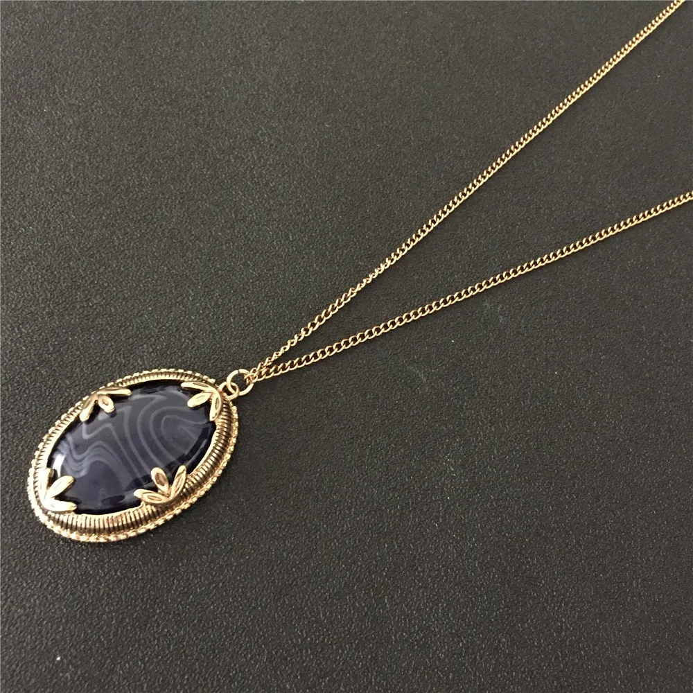 Bohemia Antique Gold Color plating Marble Navy Stone Enfold Pendant Long Necklace For Women Lady Sweater Decoration Europe Spain | Украшения