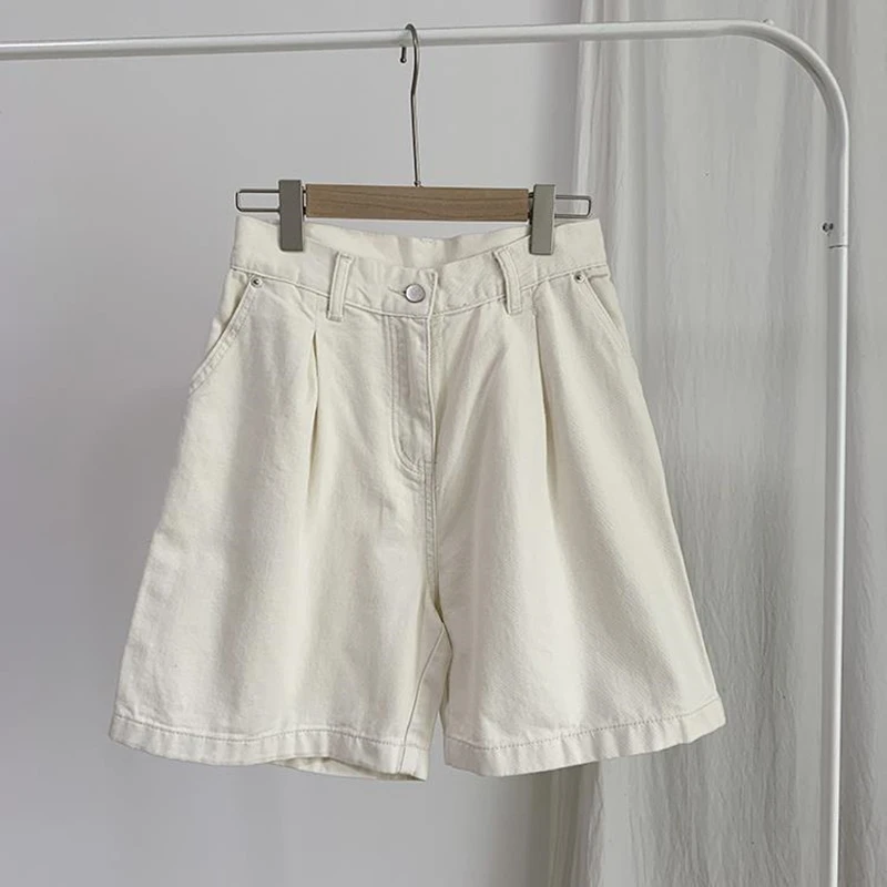 

Korean Summer All Match A Line Shorts Wide Leg Pants Female Hig Waist Solid Beige Suit Five Point Trousers
