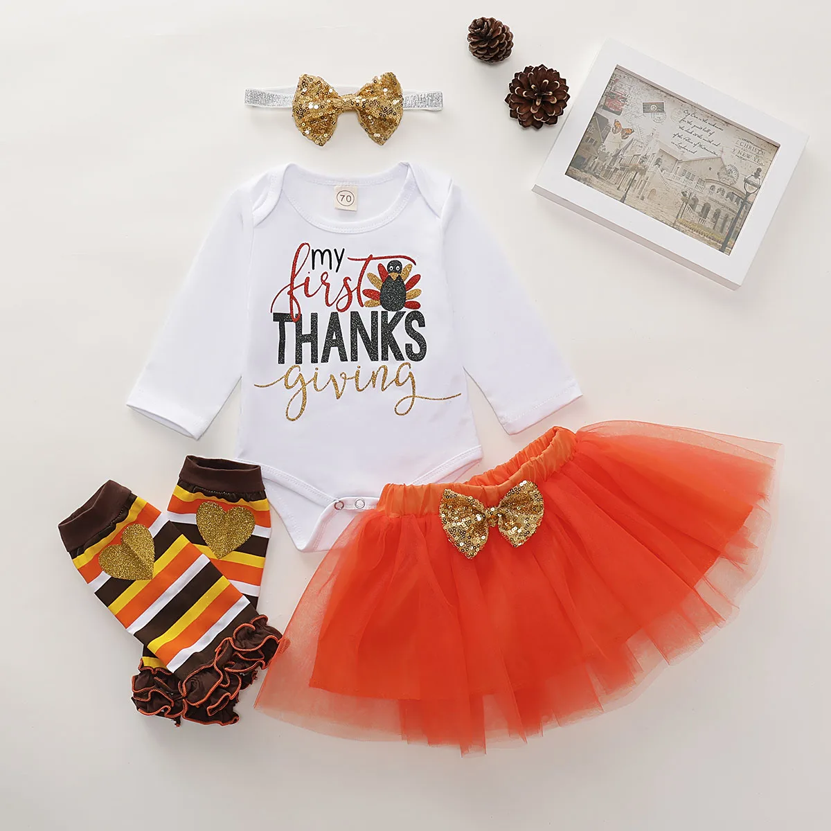 

Newborn Baby Girl Long Sleeve Letter Printed Romper Tulle Tutu Skirt Leg Warmers Clothes Kids Thanksgiving Outfits Set